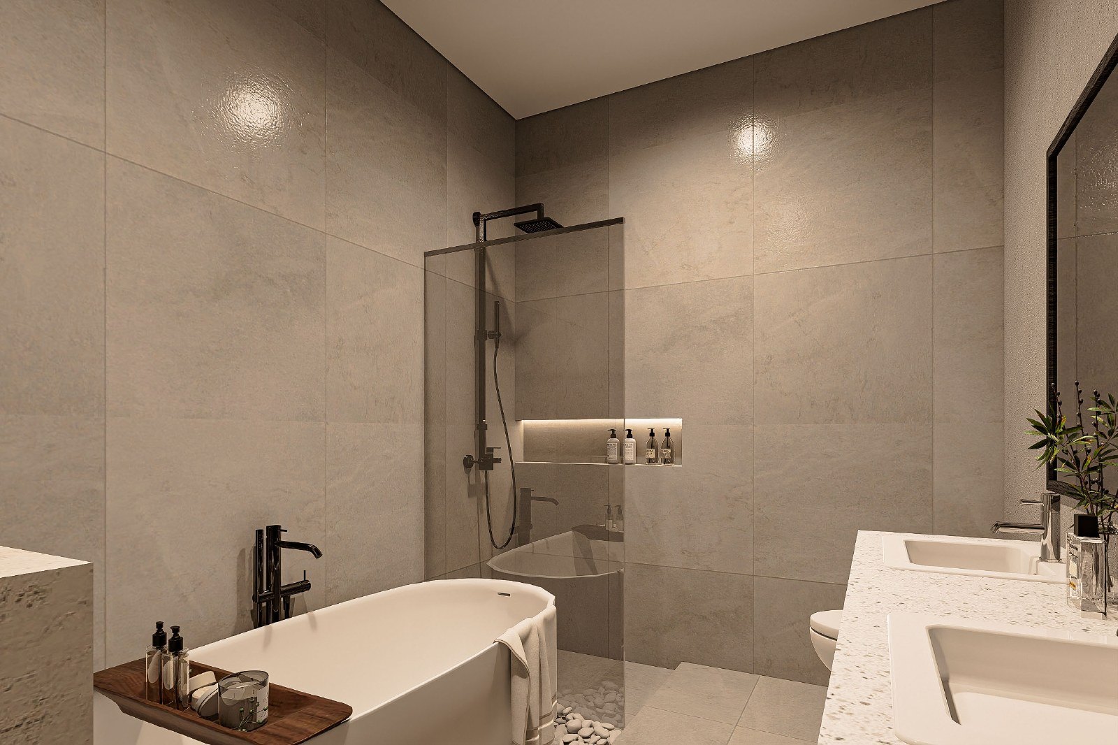 Bathroom with soaking tub interior render, Villa Yeh Gangga, Tabanan, Bali