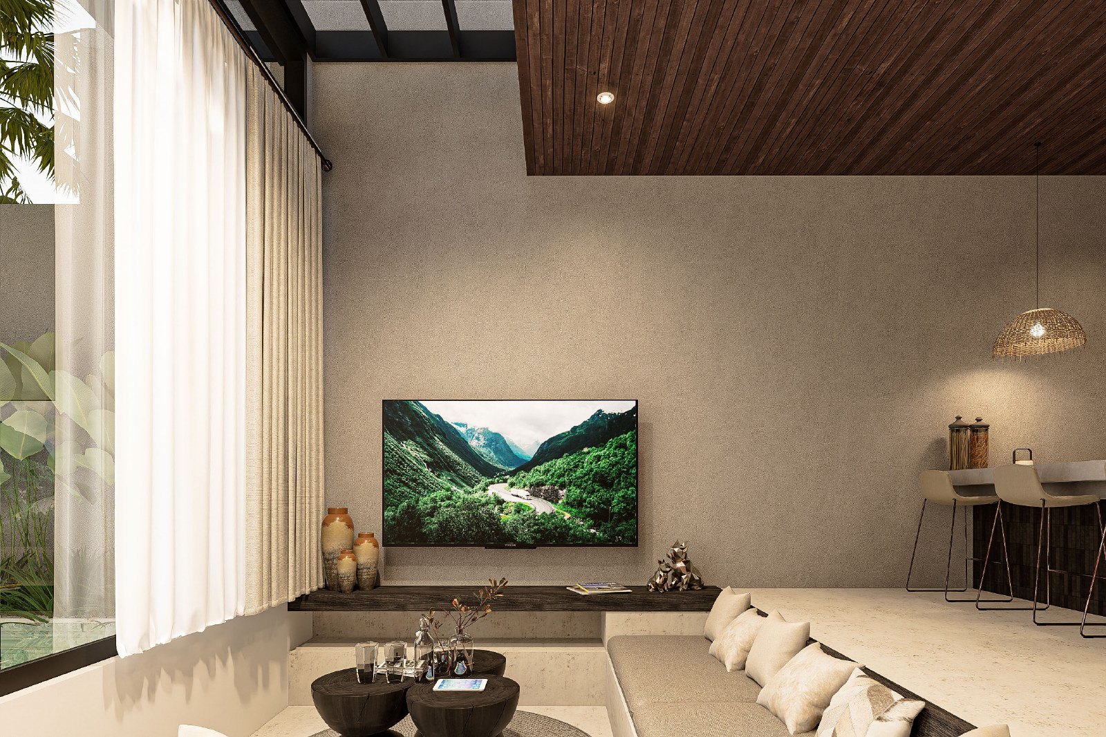 Living room interior render, Villa Yeh Gangga, Tabanan, Bali