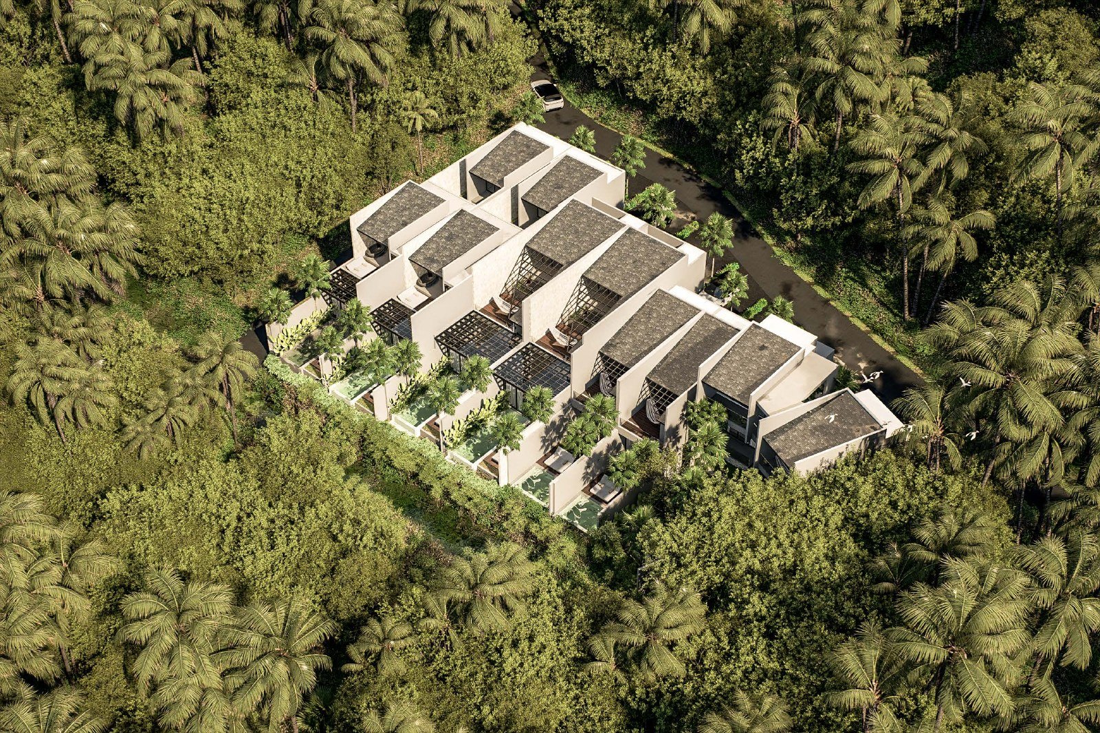 Aerial architectural render of the seven-villa estate, Villa Yeh Gangga, Tabanan, Bali