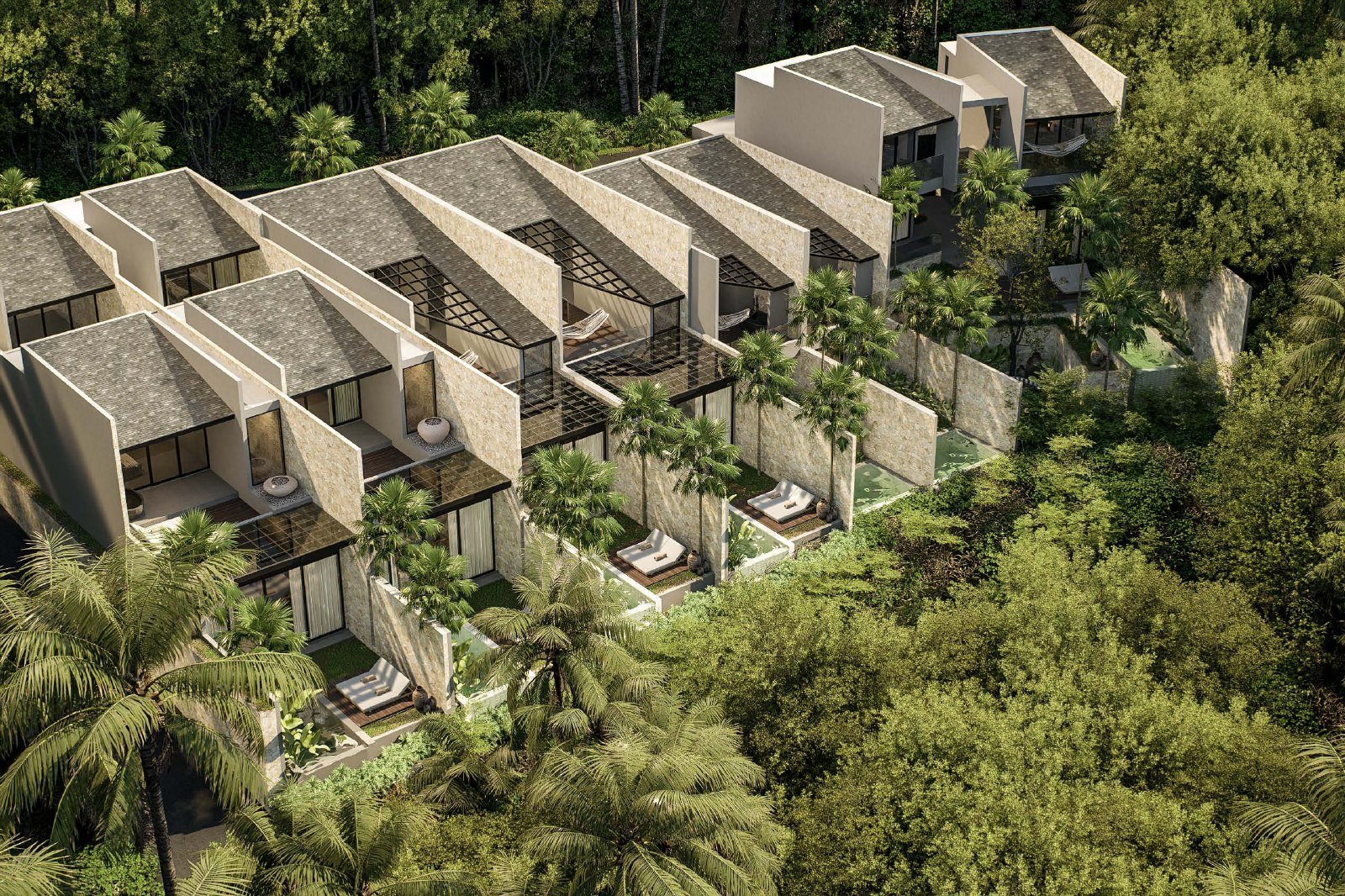 Aerial view of villa rooftops and pools, Villa Yeh Gangga, Tabanan, Bali