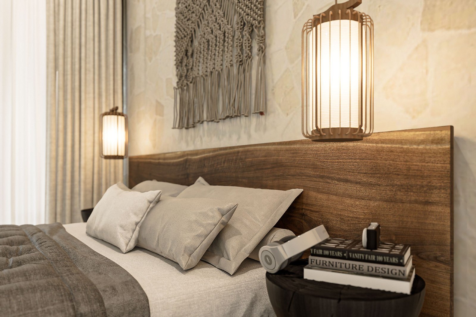 Bedroom with woven artwork interior render, Villa Yeh Gangga, Tabanan, Bali