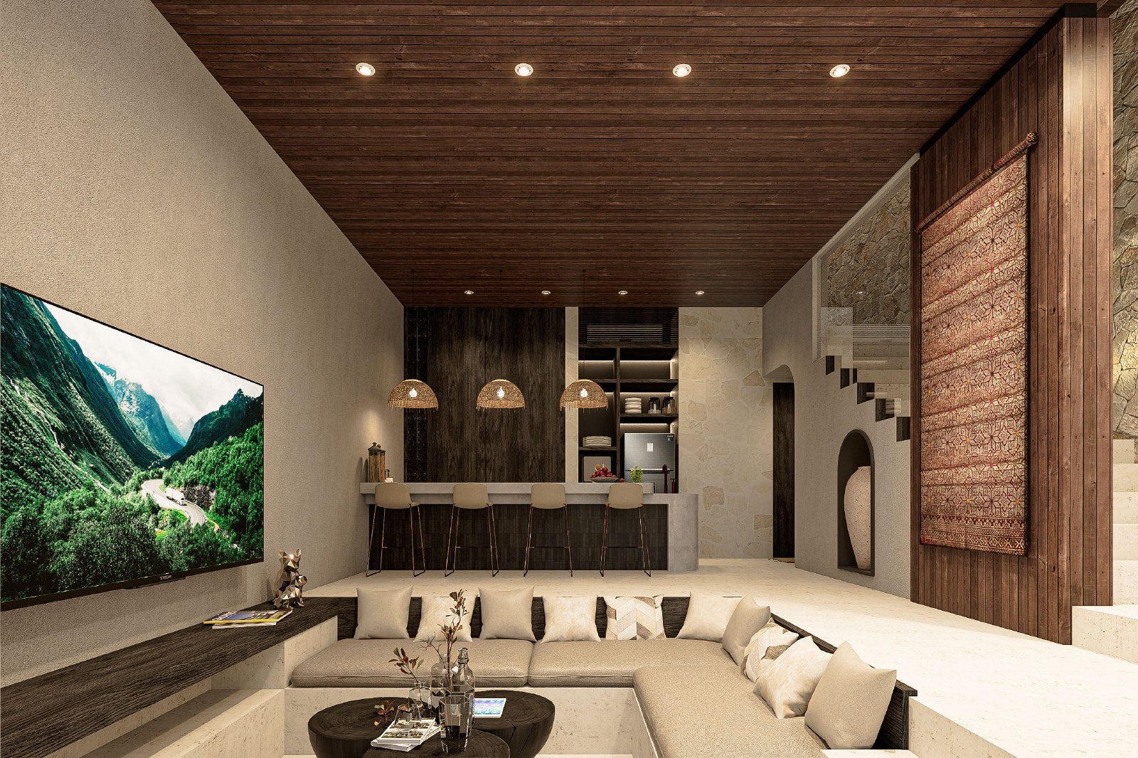 Open-plan living and kitchen interior render, Villa Yeh Gangga, Tabanan, Bali